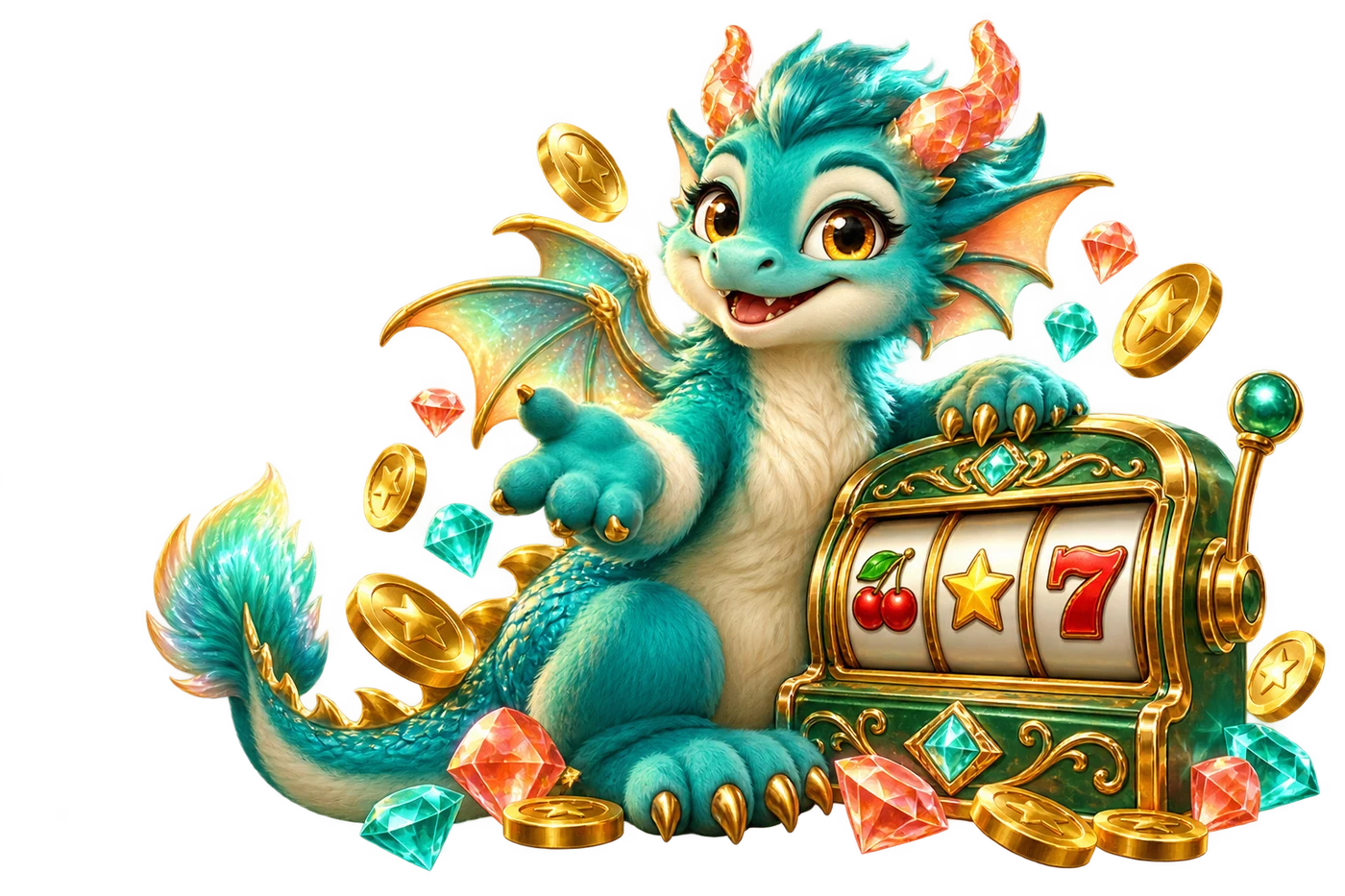 Orbit, a cartoon fantasy dragon with coral horns, a golden slot cabinet and floating play tokens